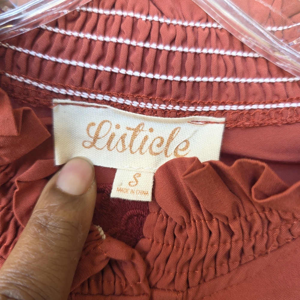 Sz S Listicle Rust Long Sleeves Shirt Embroidery Ruffles Pockets Floral Details - Picture 3 of 12